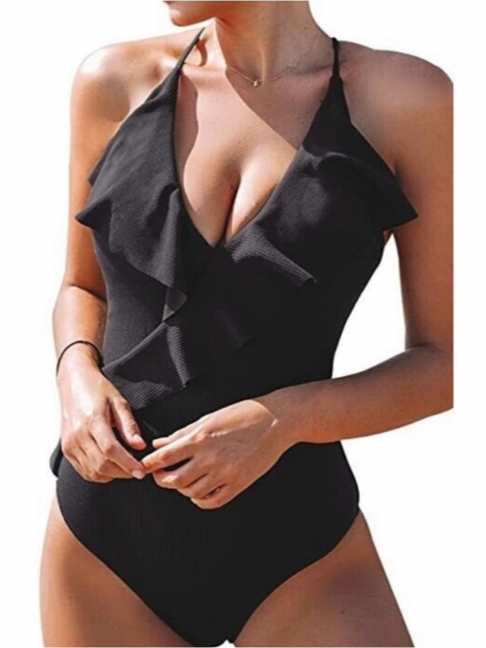 Cupshe Black Ribbed One-Piece Swimsuit with Ruffle Detail NWT